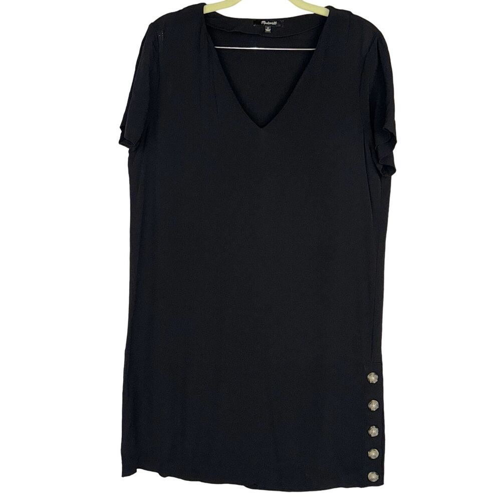 Madewell Black Side Button Easy Short Sleeve Lightweight V-Neck‎ Dress Sz Medium